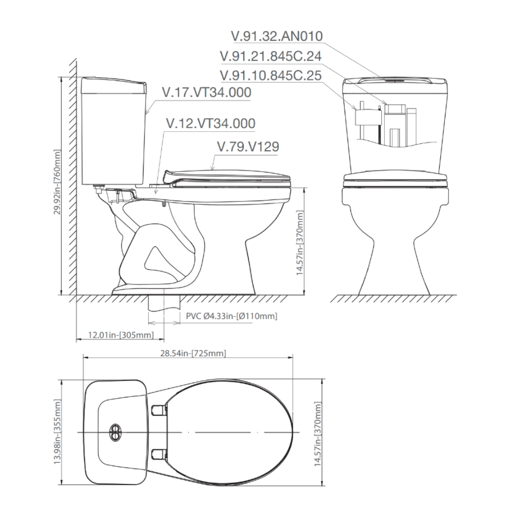 Bồn cầu 2 khối Viglacera VT34 nắp thường / nắp êm