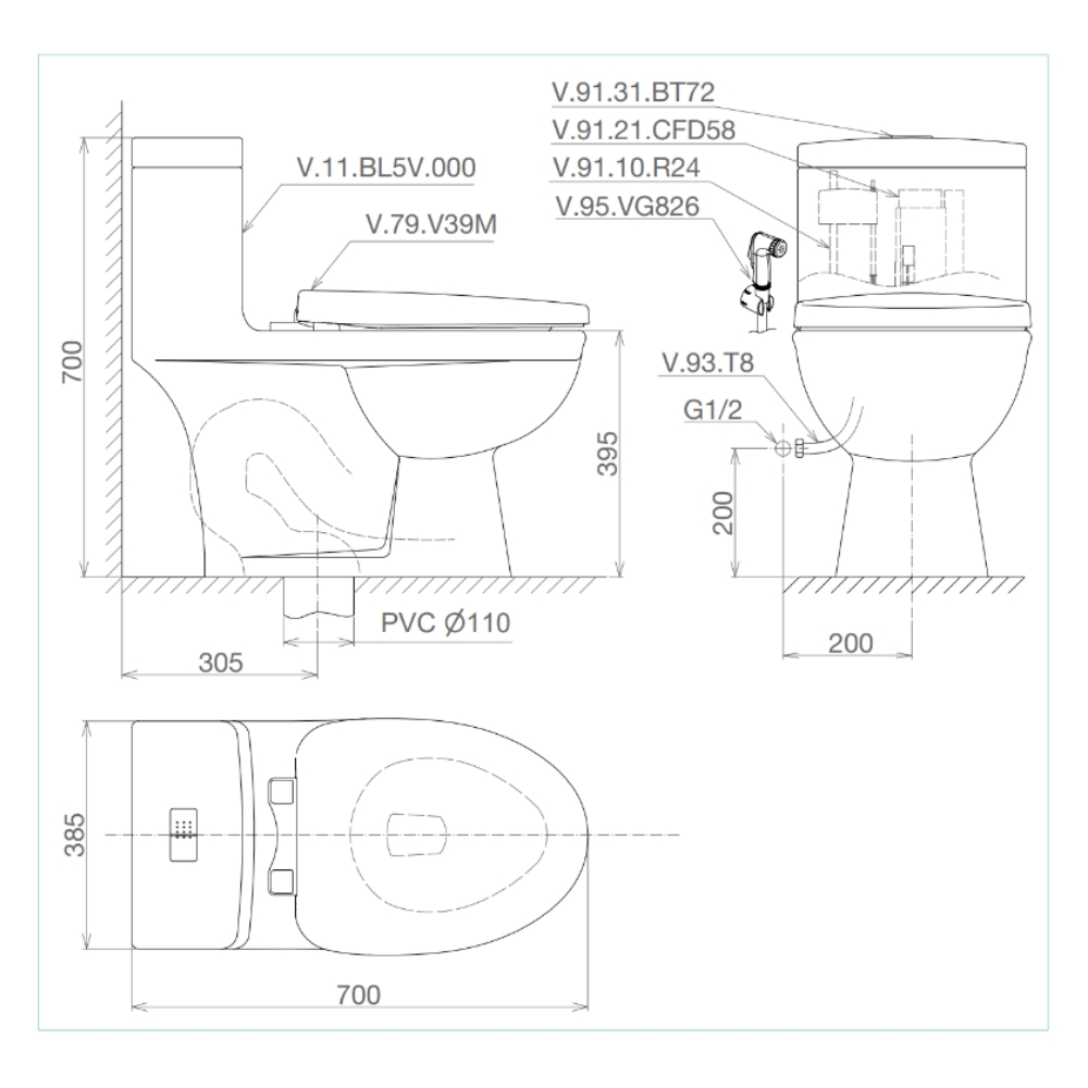 Bồn cầu 1 khối Viglacera BL5 nắp êm xả thẳng (+ vòi xịt VG826)