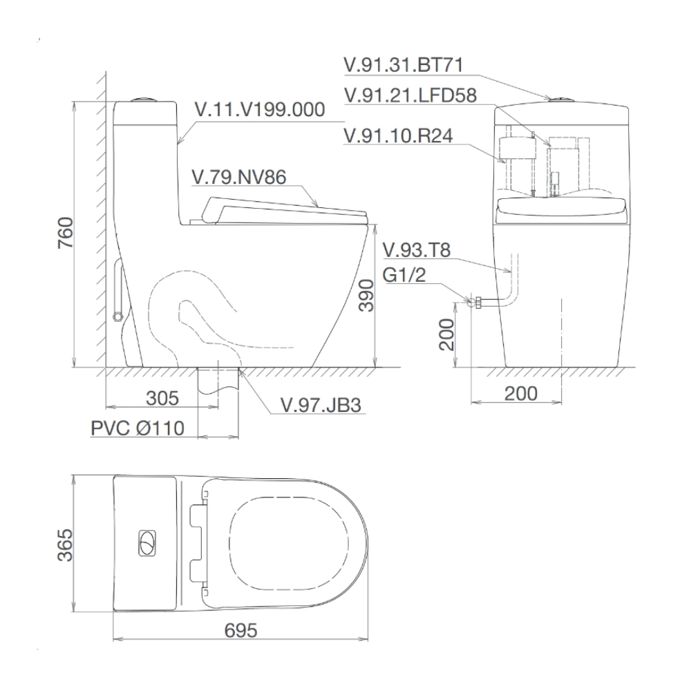 Bồn cầu 1 khối Viglacera V199 nắp êm (+ vòi xịt VG826 & van VG853)