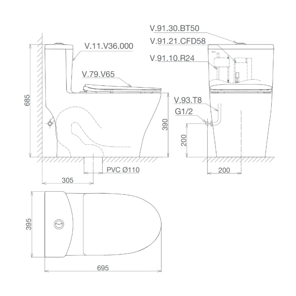 Bồn cầu 1 khối Viglacera V36 nắp êm (+ vòi xịt VG826)
