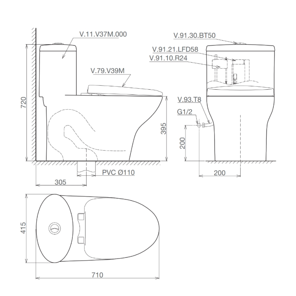 Bồn cầu 1 khối Viglacera V37M nắp êm (+ vòi xịt VG826)