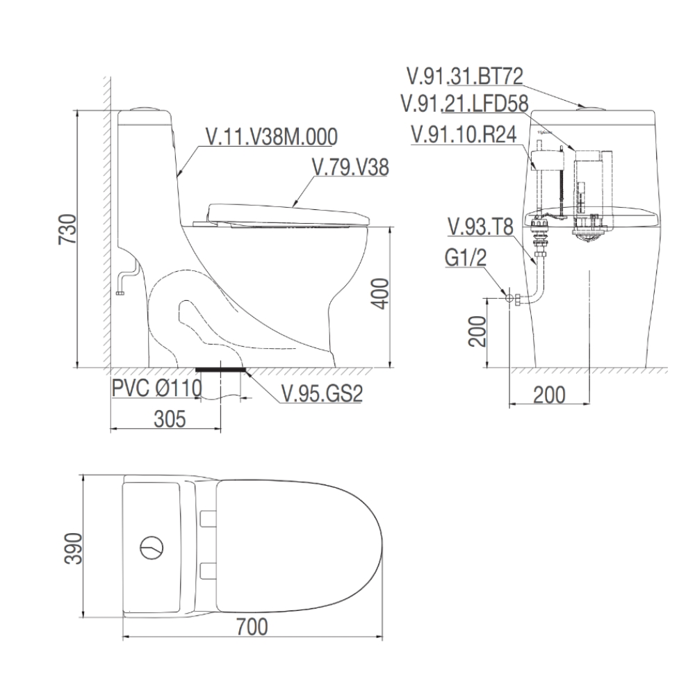 Bồn cầu 1 khối Viglacera V38 nắp êm xả thẳng (+ vòi xịt VG826)
