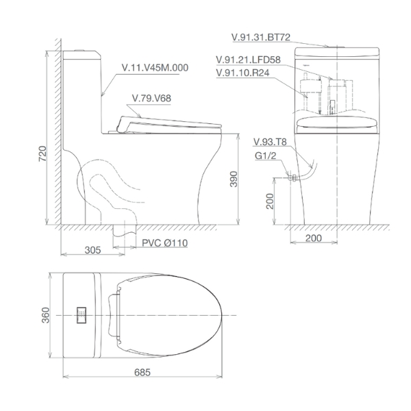 Bồn cầu 1 khối Viglacera V45M nắp êm xả xoáy (+ vòi xịt VG826 & van VG853)