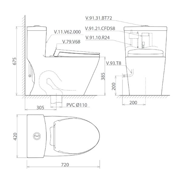 Bồn cầu 1 khối Viglacera V62 nắp êm (+ vòi xịt VG826 & van VG853)