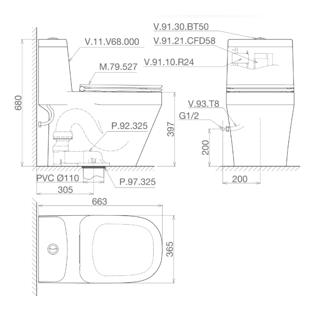Bồn cầu 1 khối Viglacera V68 nắp êm (+ vòi xịt VG826 & van VG853)