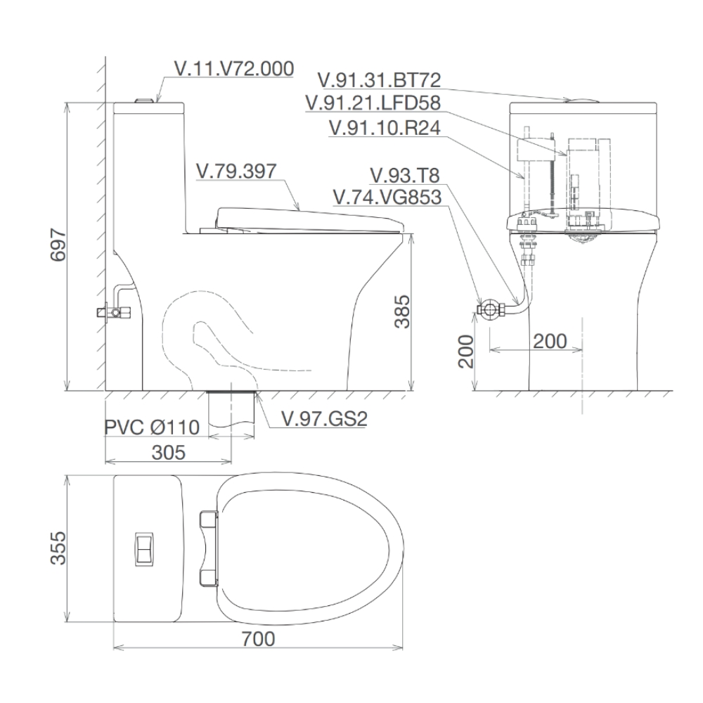 Bồn cầu 1 khối Viglacera V72-CAU nắp êm (+ vòi xịt VG826)
