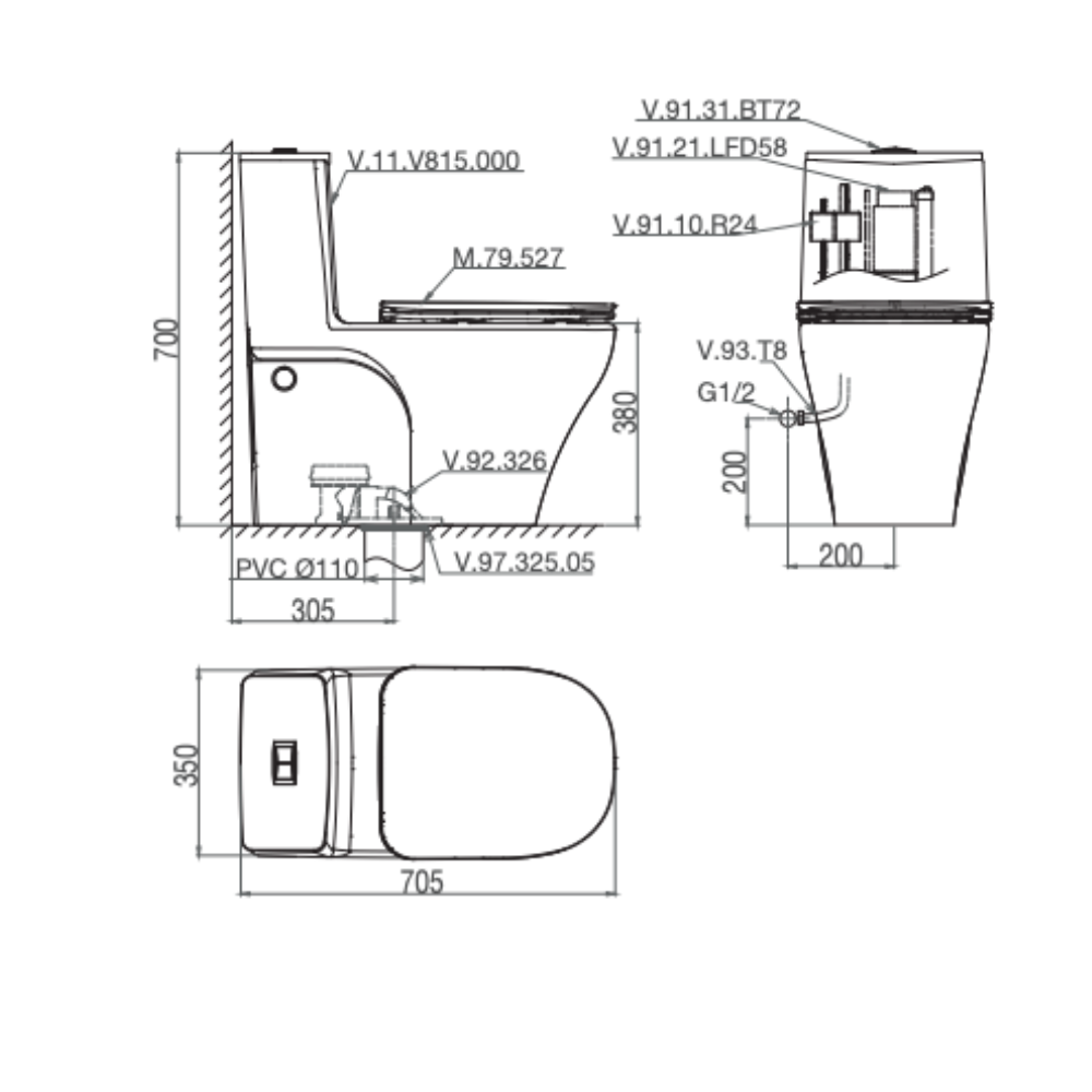 Bồn cầu 1 khối Viglacera V815 nắp êm
