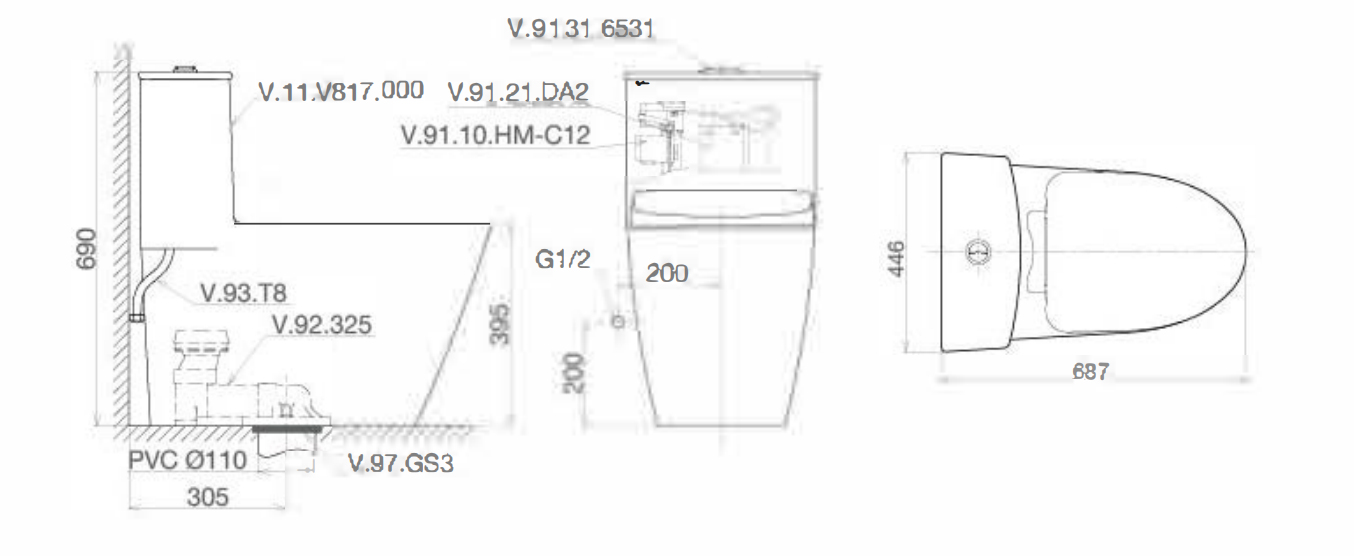Bản vẽ kỹ thuật bồn cầu 1 khối Viglacera V817 nắp êm V867