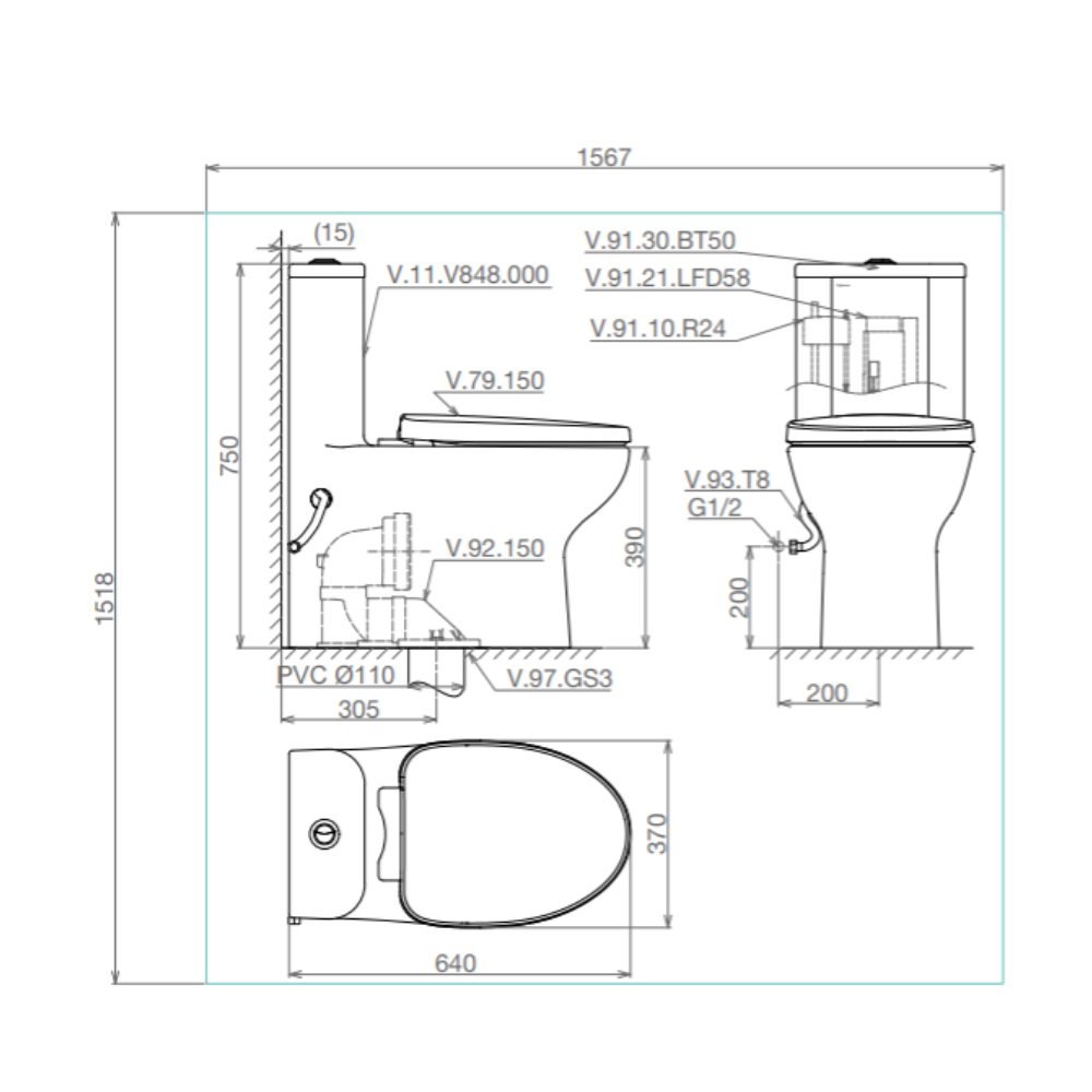 Bồn cầu 1 khối Viglacera V848 nắp êm