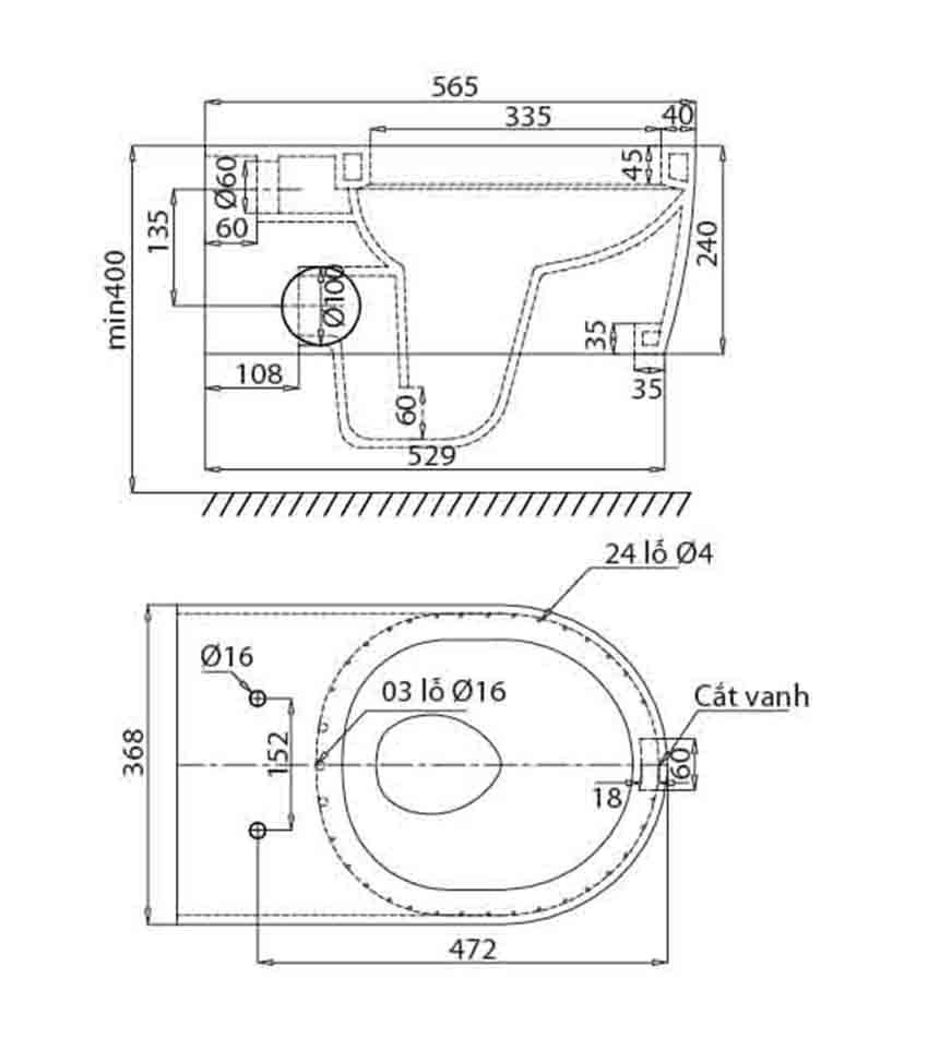 Bồn cầu treo tường Viglacera V55 nắp êm