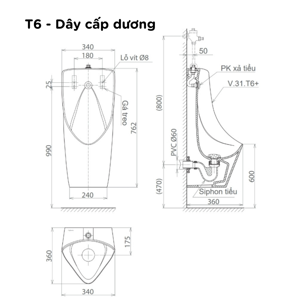 Bồn tiểu nam treo tường Viglacera T6