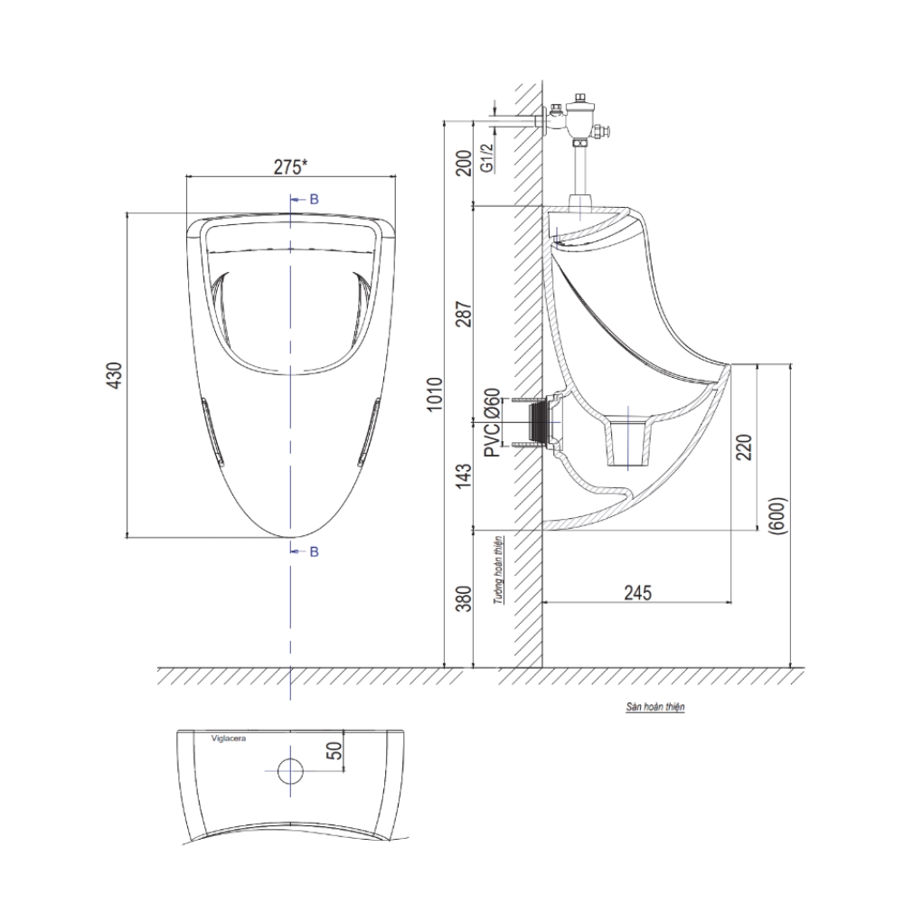 Bồn tiểu nam treo tường Viglacera TT3
