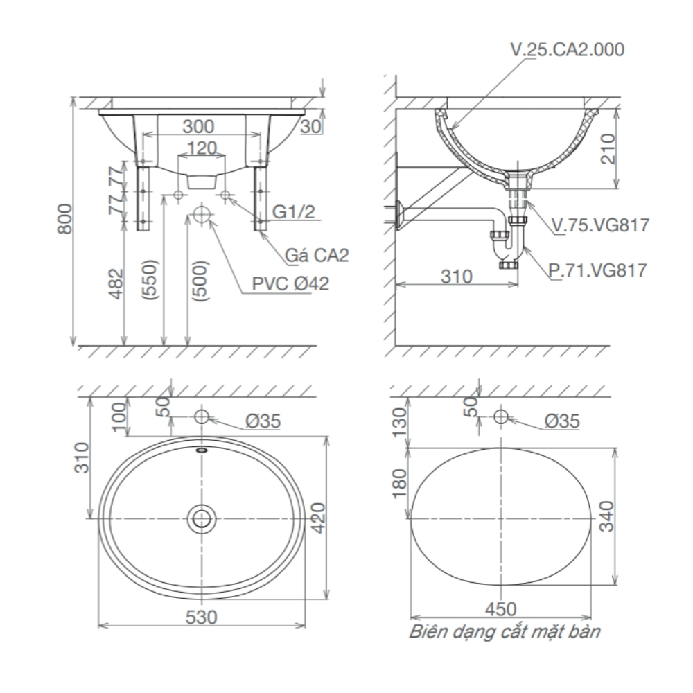 Chậu rửa mặt lavabo âm bàn Viglacera CA2