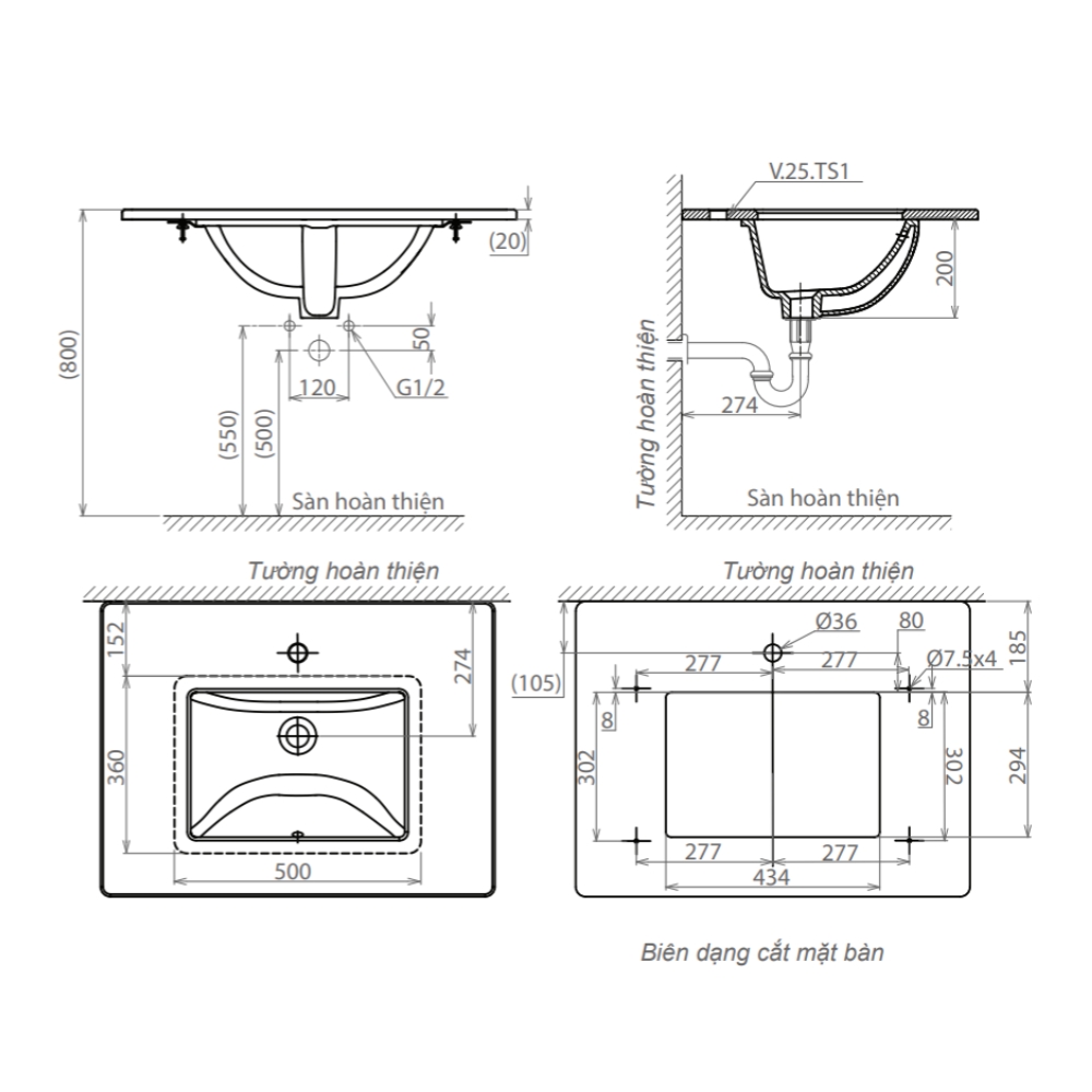 Chậu lavabo âm bàn Viglacera TS1