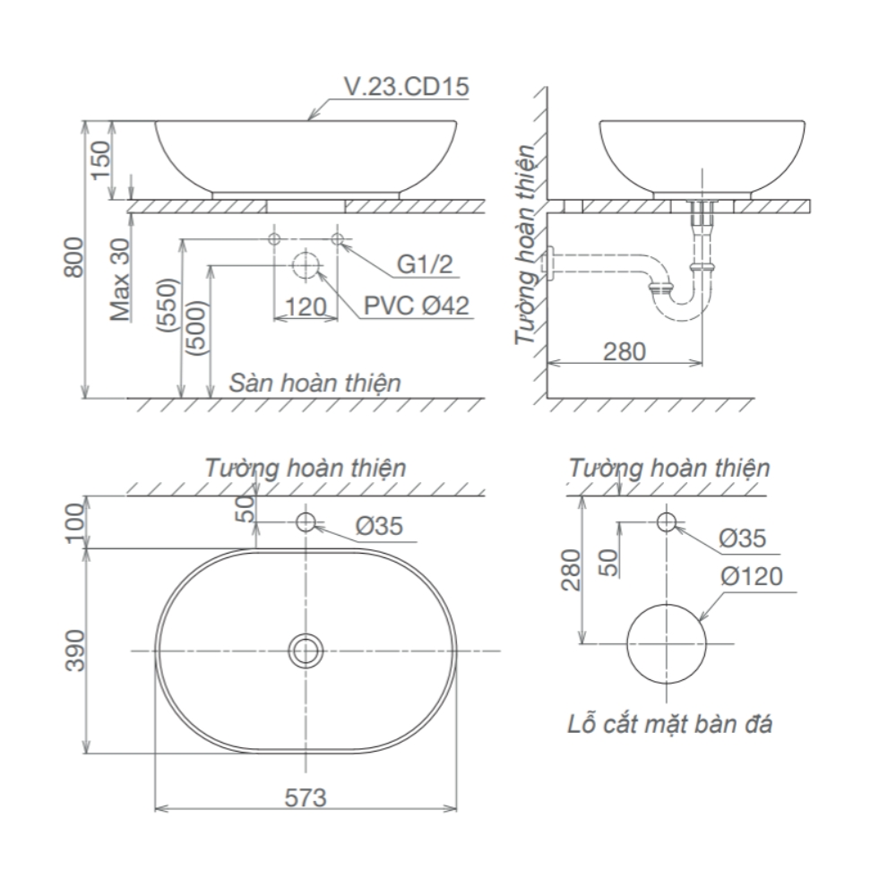 Chậu lavabo đặt bàn Viglacera CD15