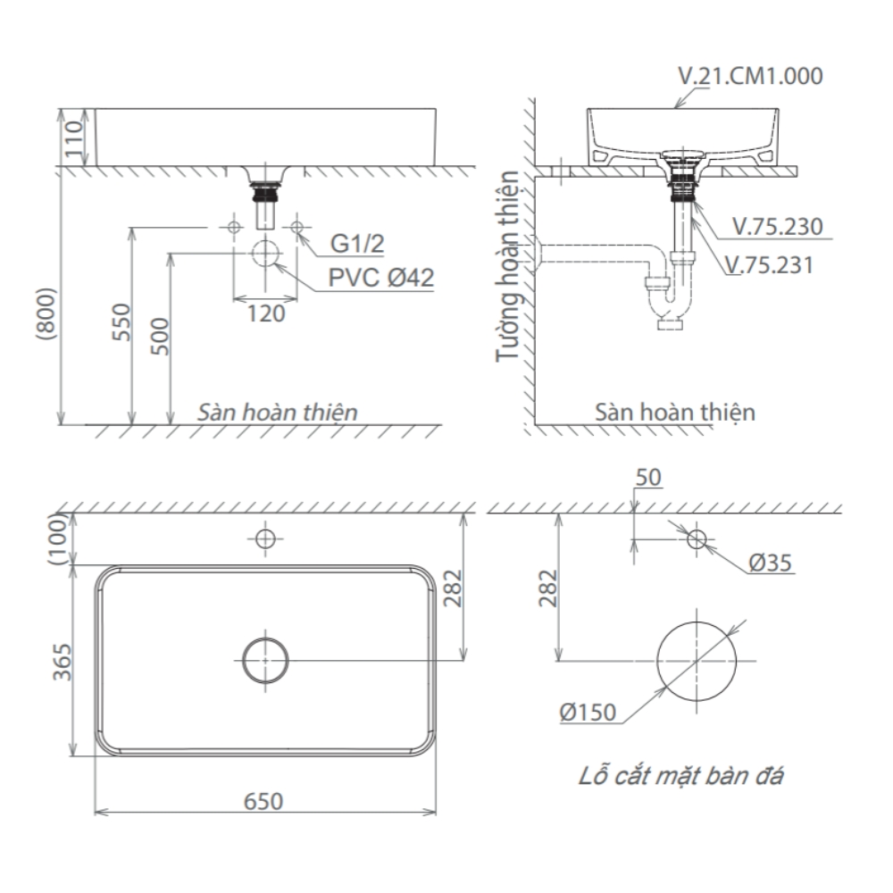 Chậu lavabo đặt bàn Viglacera CM01