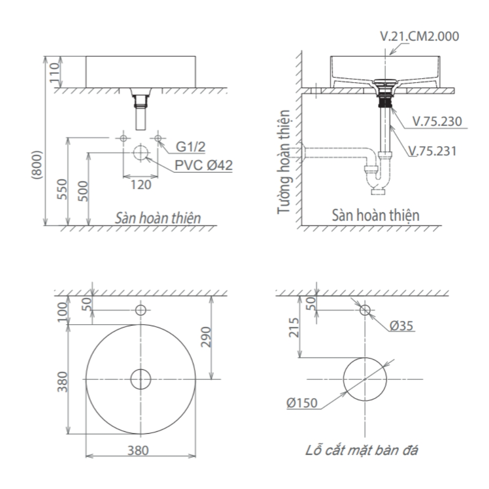 Chậu lavabo đặt bàn Viglacera CM02