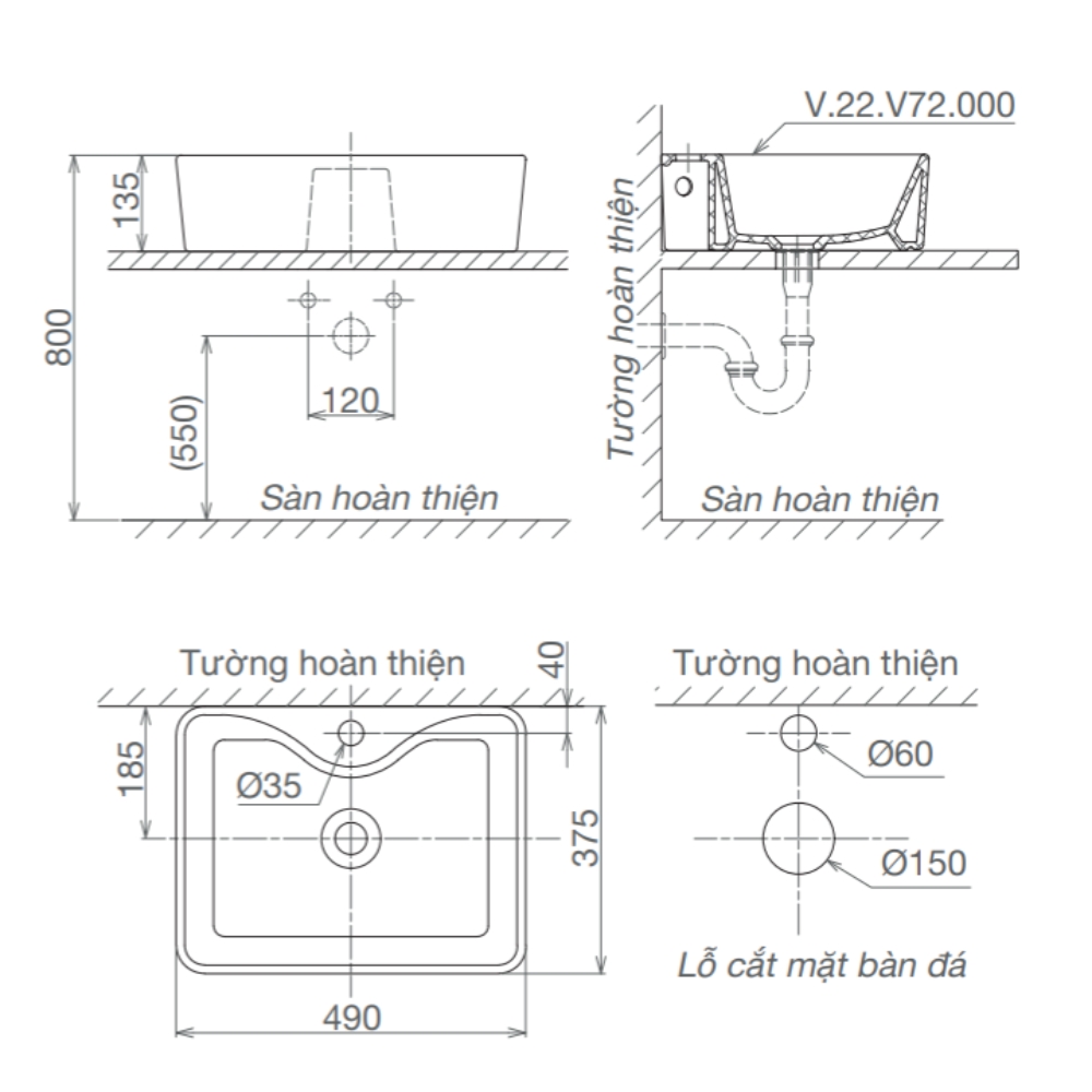 Chậu lavabo đặt bàn Viglacera V72