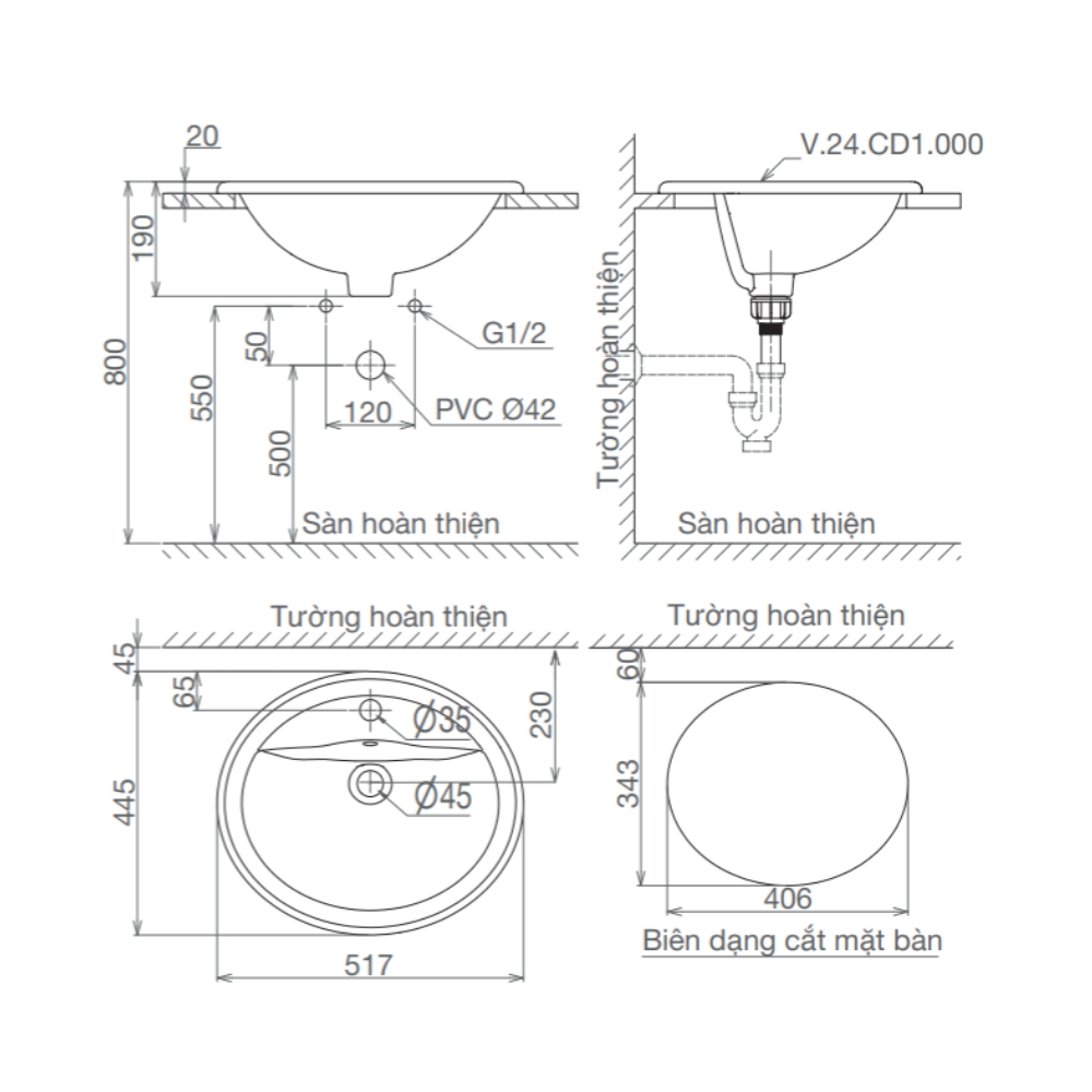 Chậu lavabo dương vành Viglacera CD1