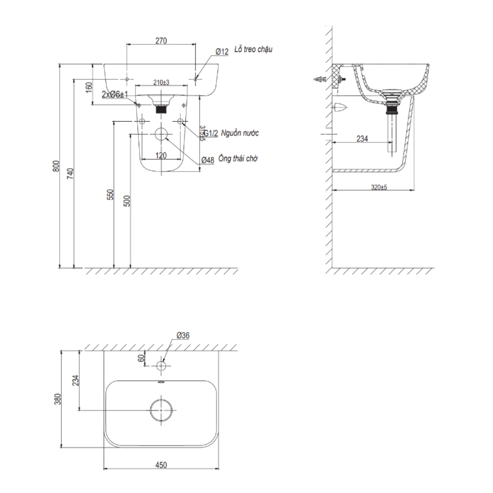 Chậu rửa lavabo treo tường Viglacera V23 chân lửng