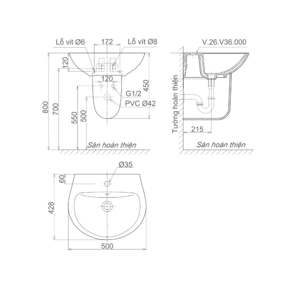 Chậu rửa lavabo treo tường Viglacera V36 chân lửng
