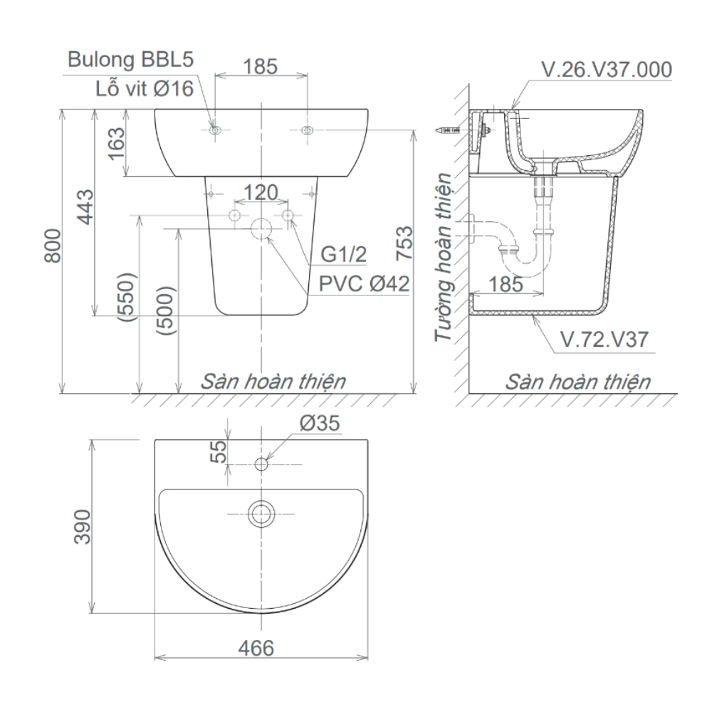 Chậu rửa lavabo treo tường Viglacera V37 chân lửng