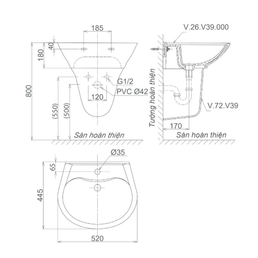 Chậu rửa lavabo treo tường Viglacera V39 chân lửng