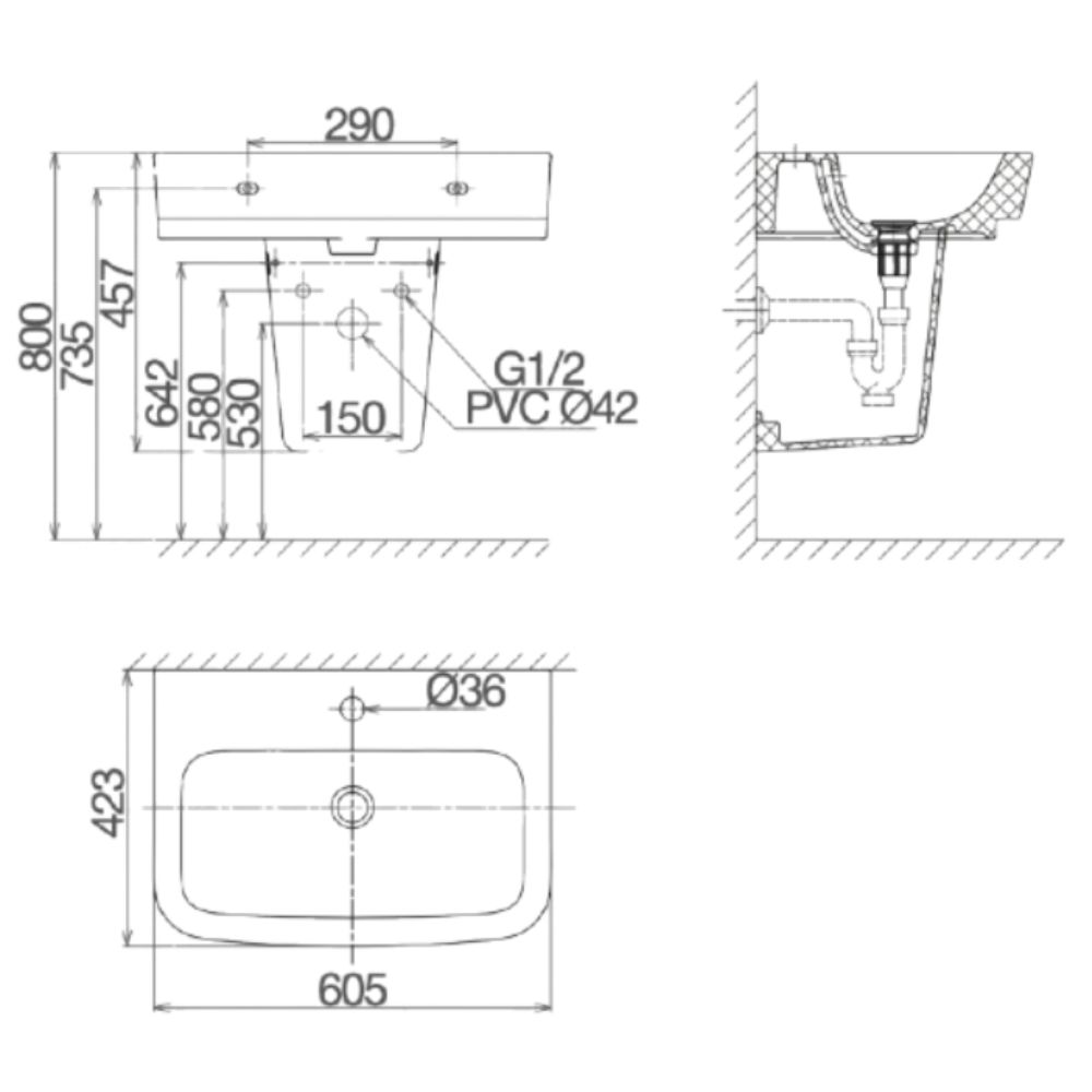 Chậu rửa lavabo treo tường Viglacera V50 chân lửng