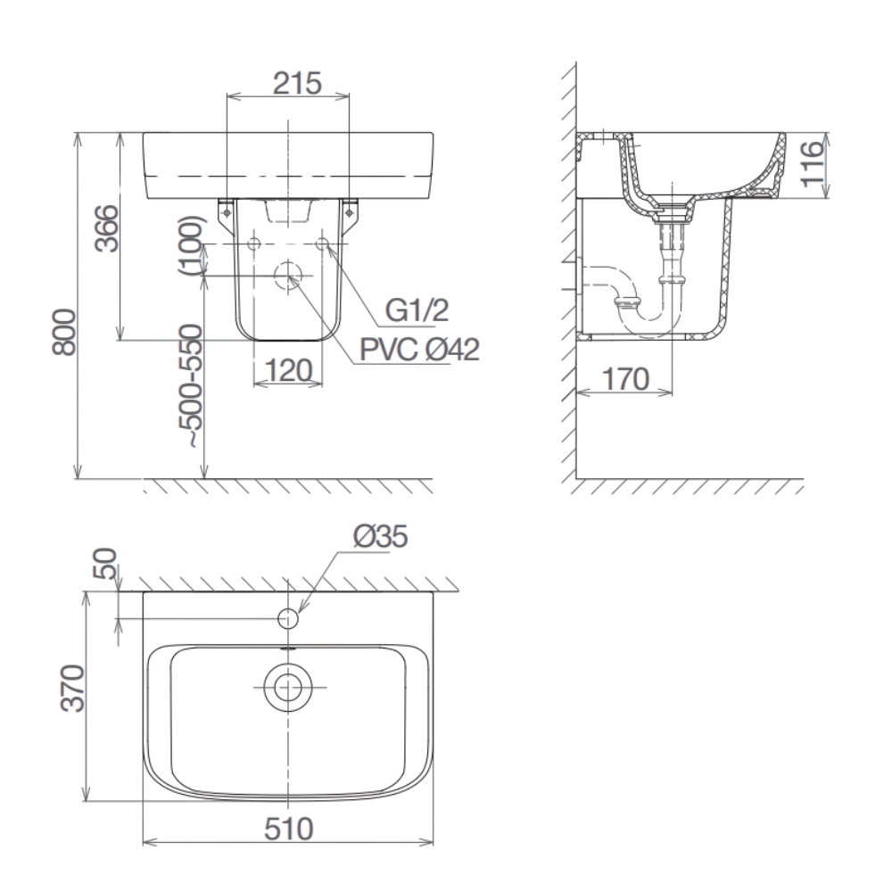 Chậu lavabo treo tường Viglacera V59