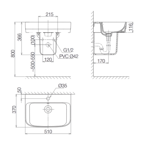 Chậu lavabo treo tường chân lửng Viglacera V59