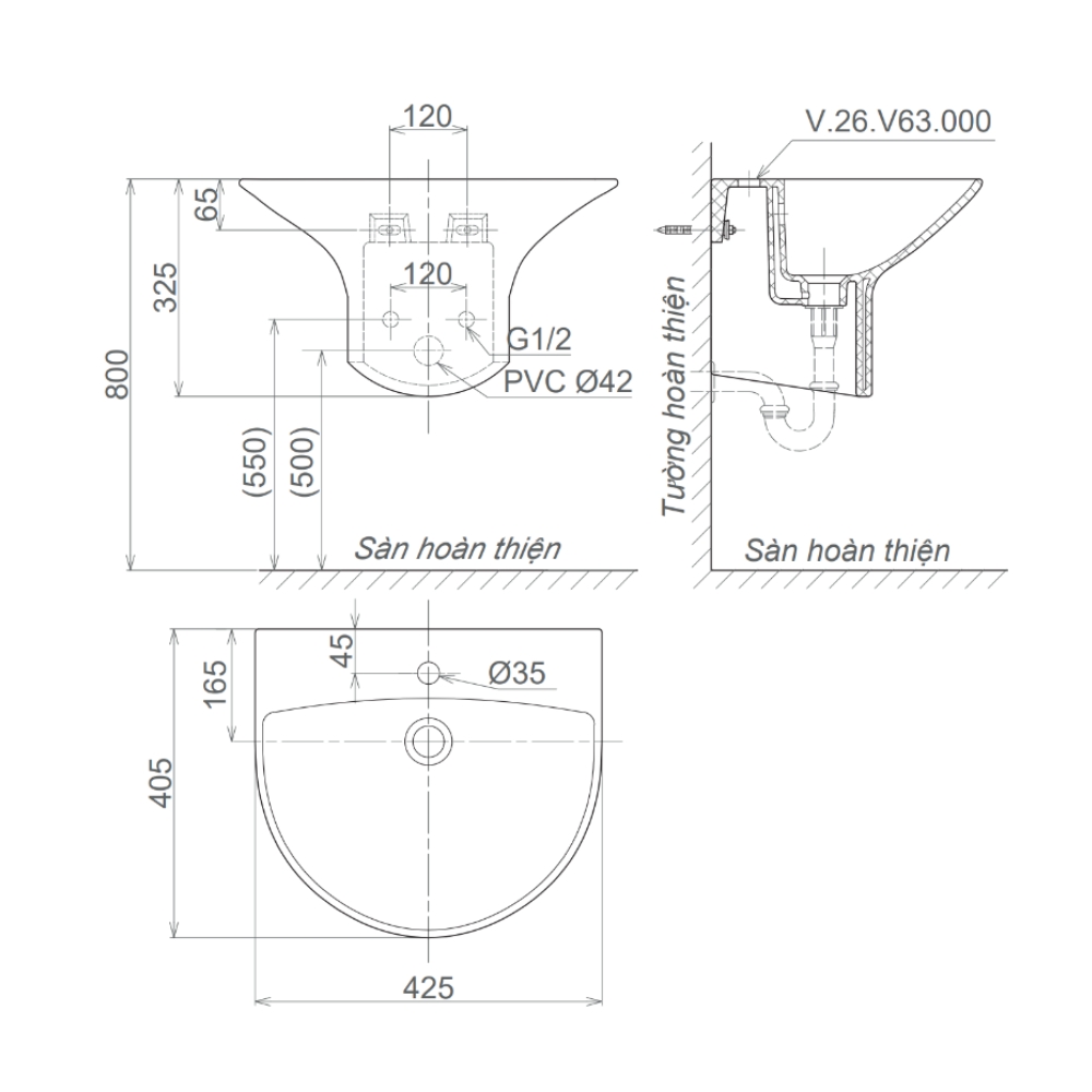 Chậu rửa lavabo treo tường Viglacera V63 liền khối