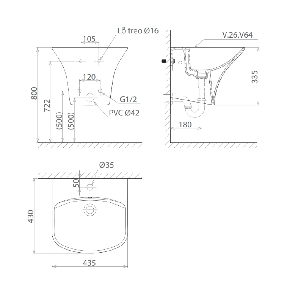 Chậu rửa lavabo treo tường Viglacera V64 liền khối