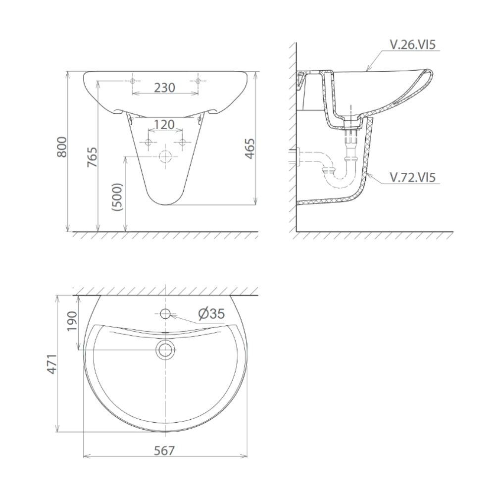 Chậu rửa lavabo treo tường Viglacera VI5 chân lửng