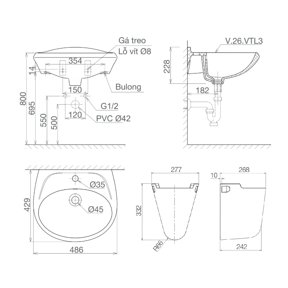 Chậu lavabo treo tường chân lửng Viglacera VTL3+VI5