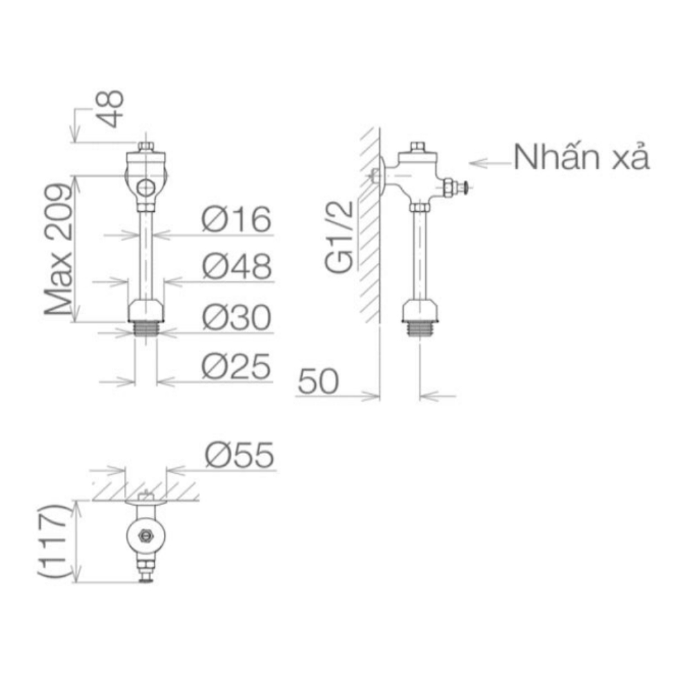 Van Xả Tiểu Nhấn Viglacera VG845 (ống thẳng)
