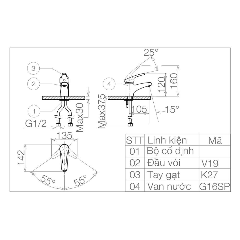 Vòi chậu lavabo nóng lạnh Viglacera VG102
