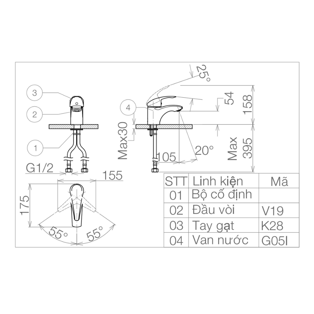 Vòi chậu lavabo nóng lạnh Viglacera VG104