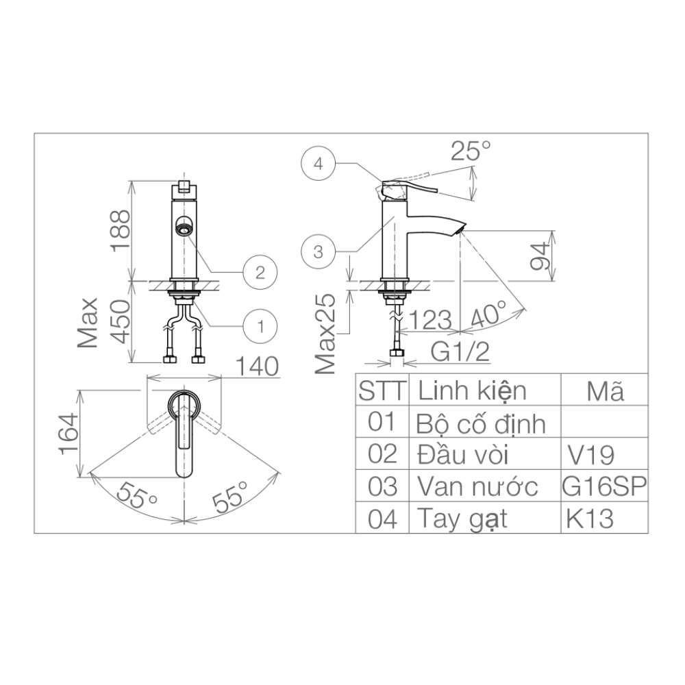Vòi chậu lavabo nóng lạnh Viglacera VG105