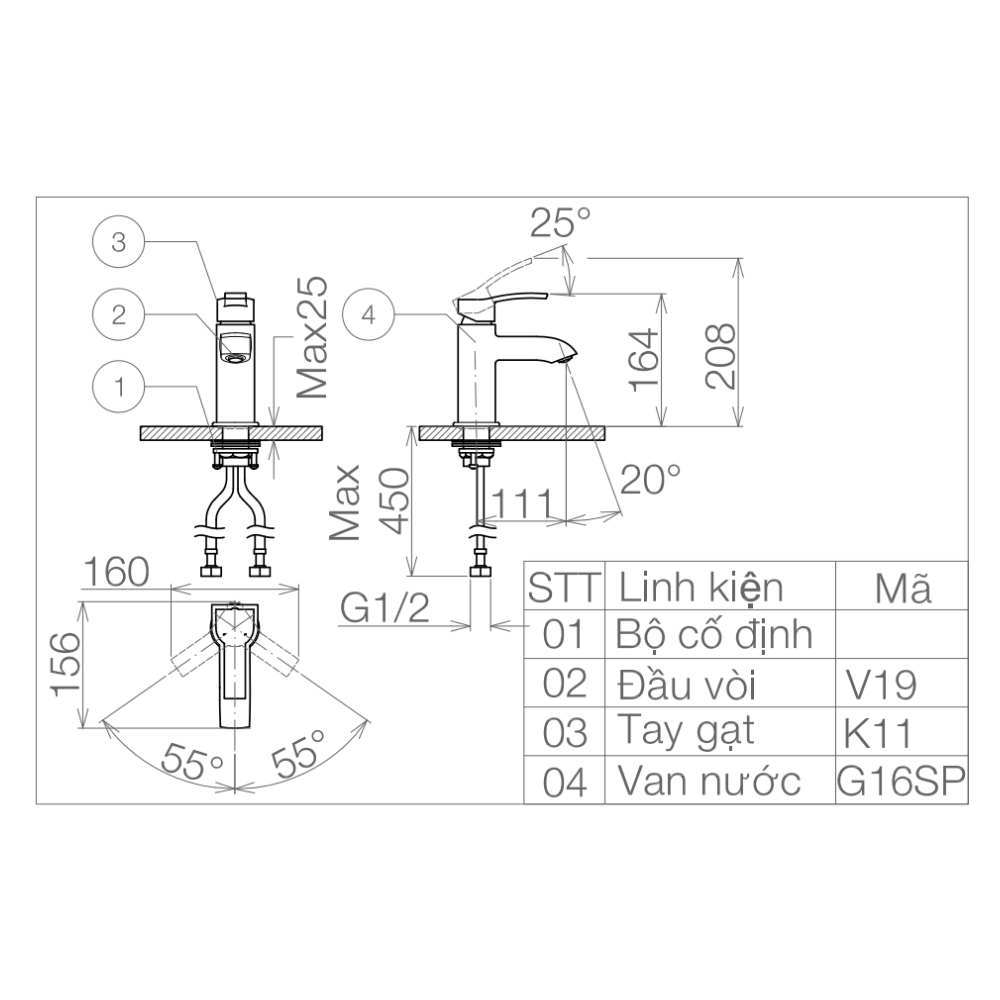 Vòi chậu lavabo nóng lạnh Viglacera VG111