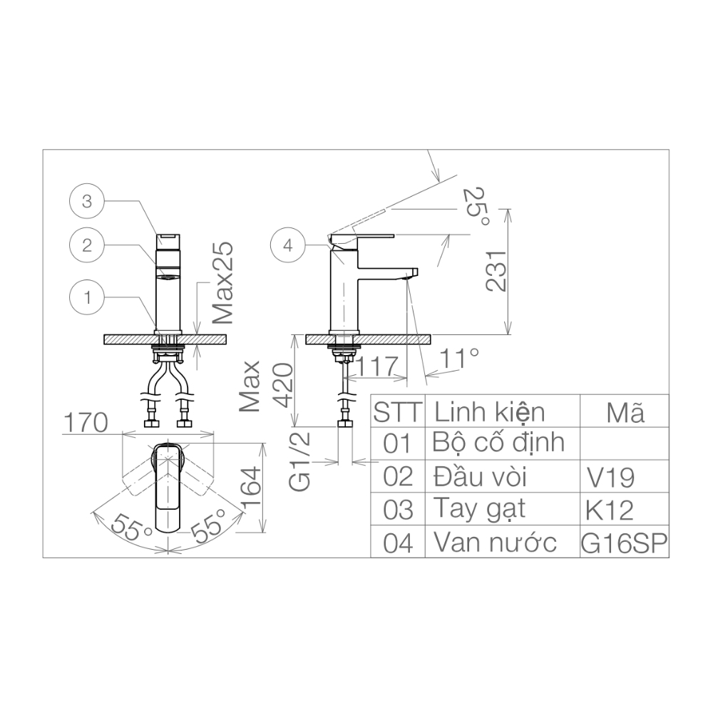Vòi chậu lavabo nóng lạnh Viglacera VG112