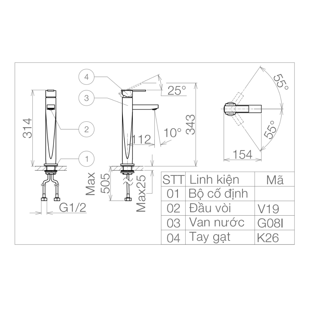 Vòi chậu lavabo nóng lạnh Viglacera VG126
