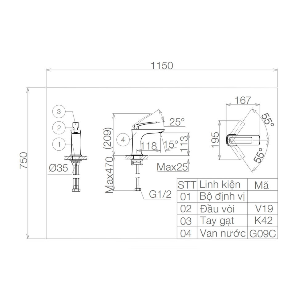 Vòi chậu lavabo nóng lạnh Viglacera VG142