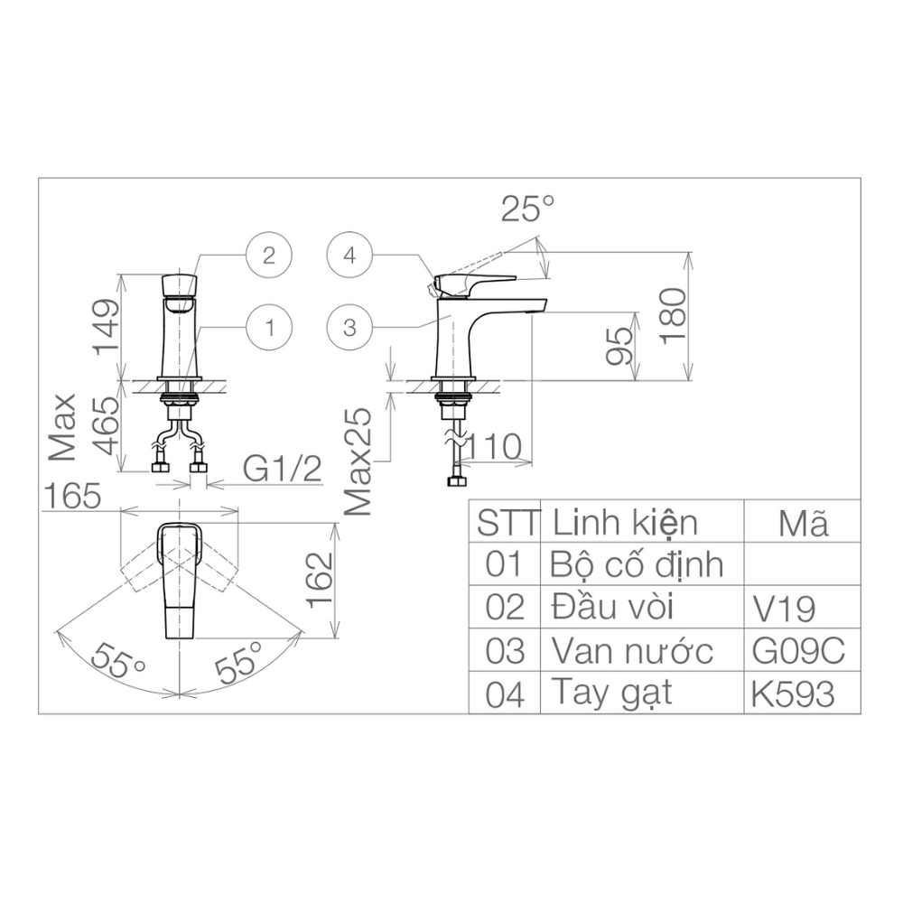 Vòi chậu lavabo nóng lạnh Viglacera VG143