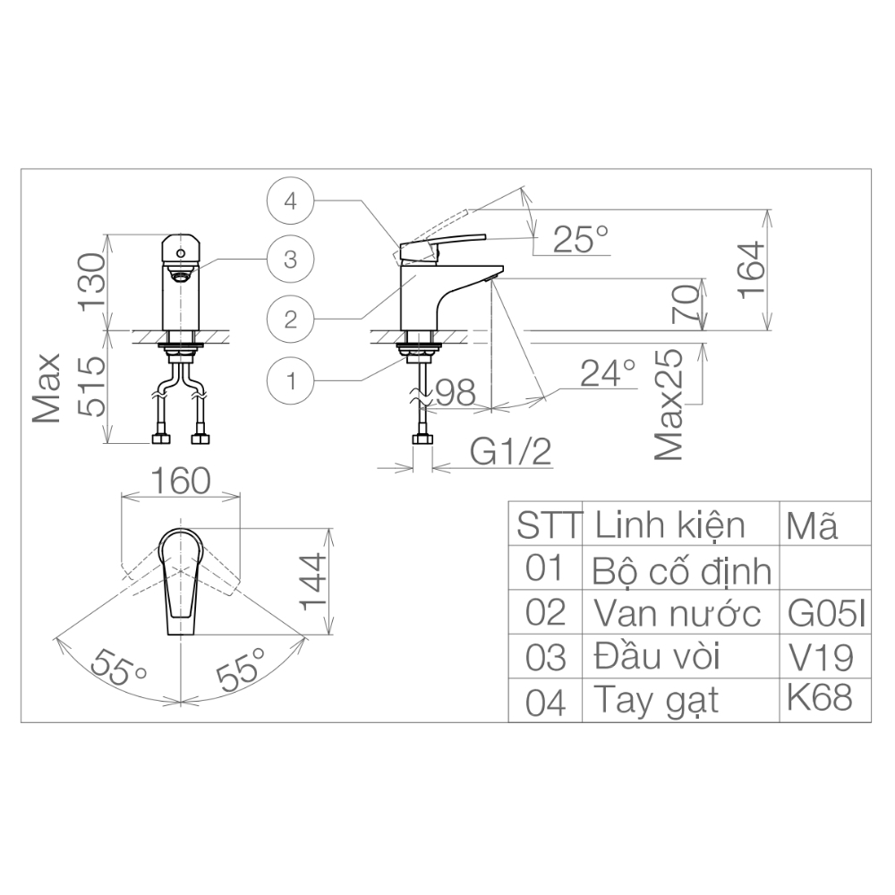 Vòi chậu lavabo nóng lạnh Viglacera VG168