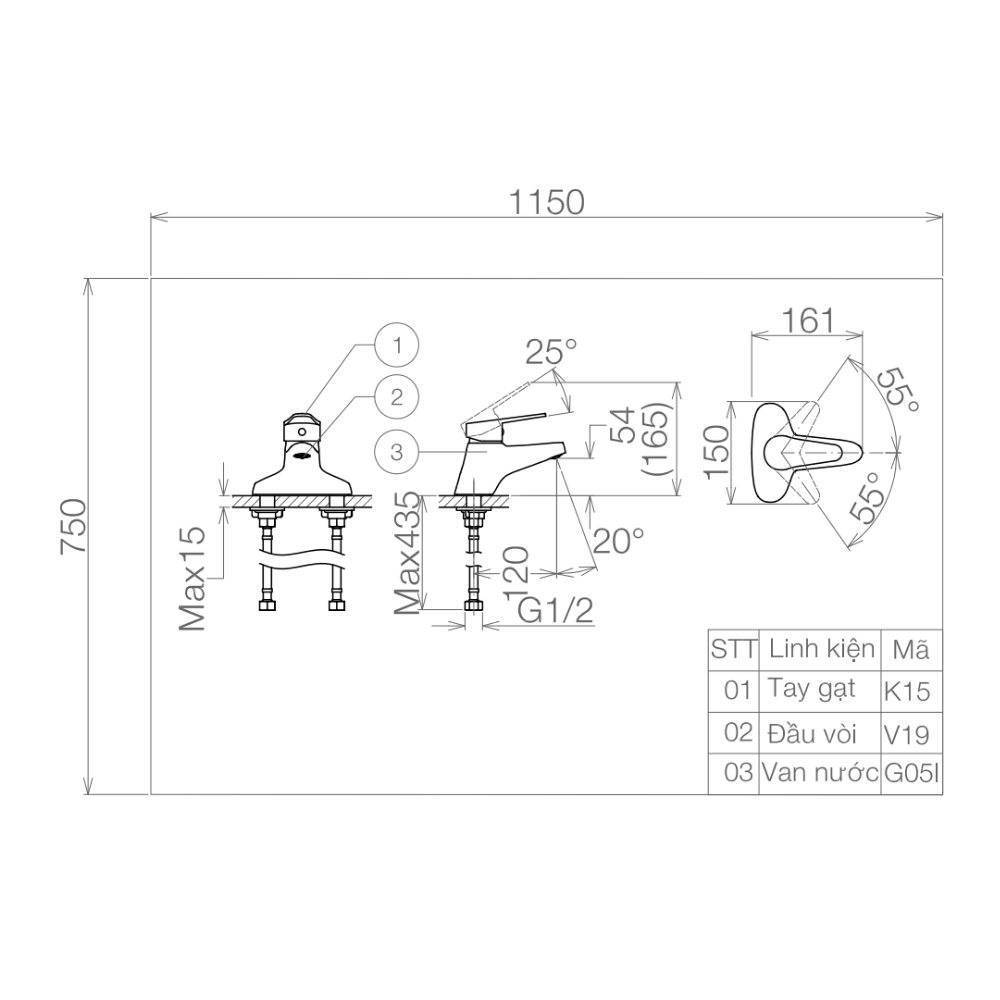 Vòi chậu lavabo nóng lạnh Viglacera VG315