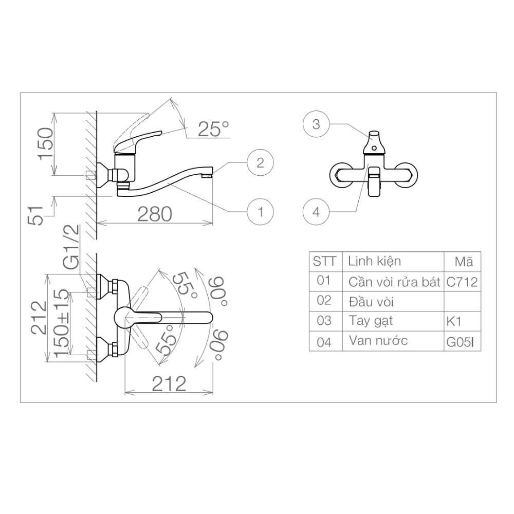 Vòi rửa chén gắn tường nóng lạnh  Viglacera VG701