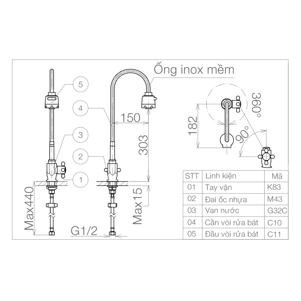 Vòi rửa bát gắn chậu 1 đường lạnh cần mềm Viglacera VG705